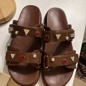 Guess Brown Sandals with Red and Gold Accents